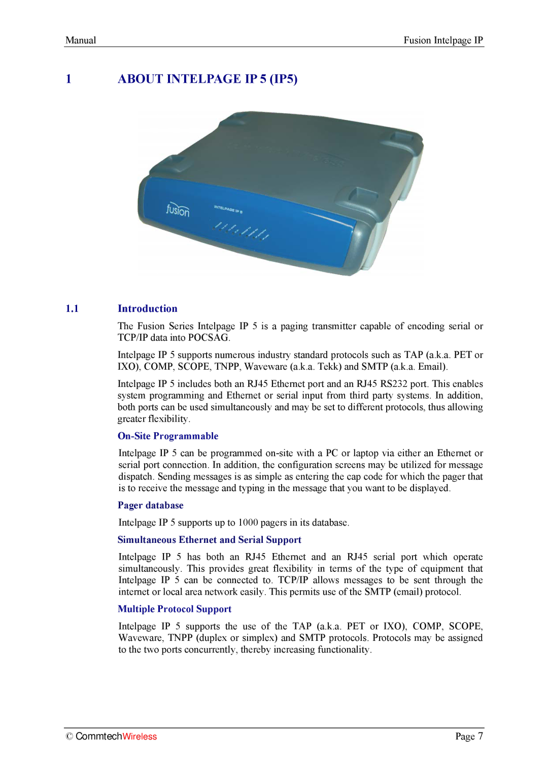 Fusion INTELPage IP 5, 2.1 manual Introduction, Pager database, Simultaneous Ethernet and Serial Support 