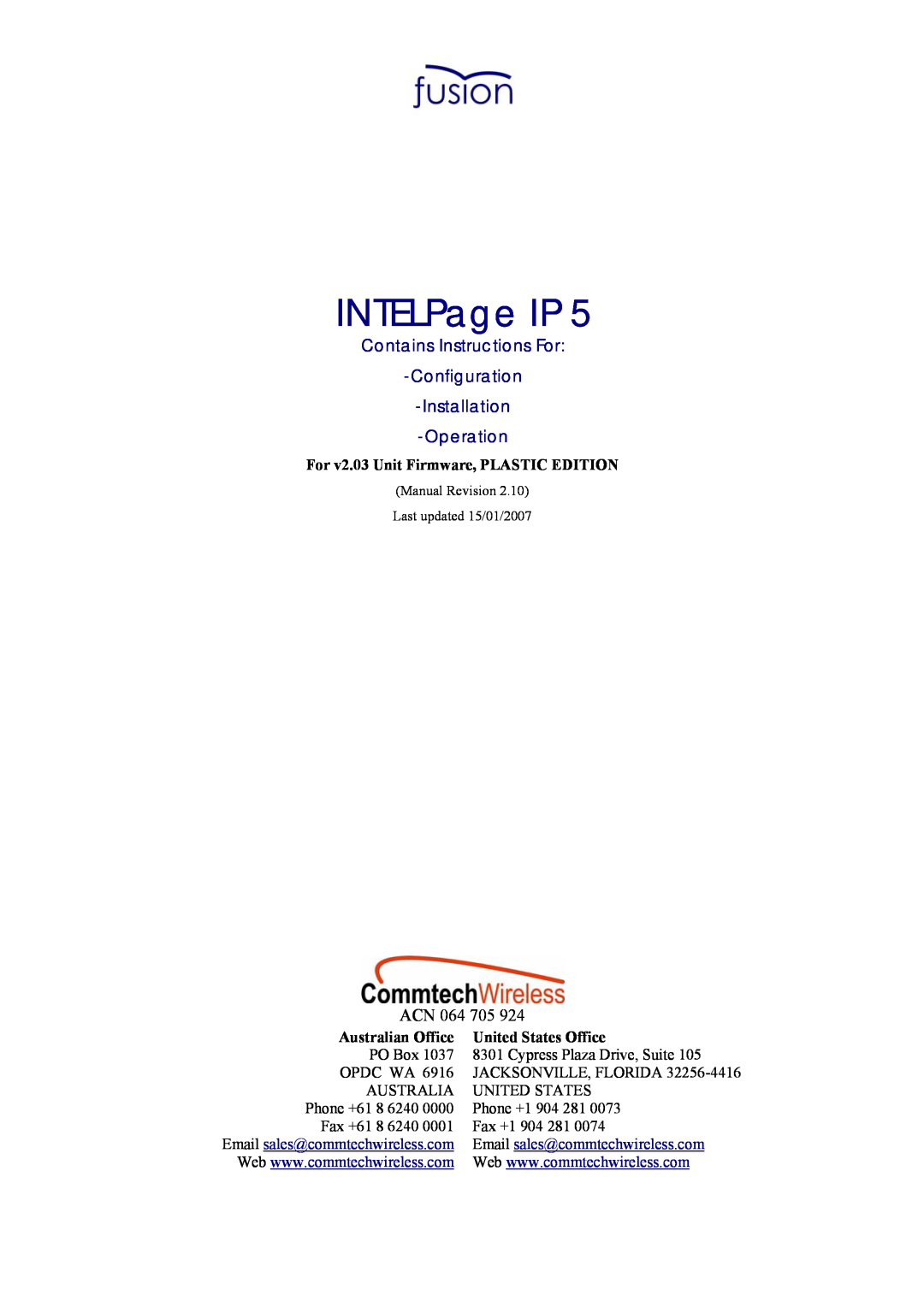 Fusion INTELPage IP 5, 2.1 manual Contains Instructions For Configuration, Installation -Operation 