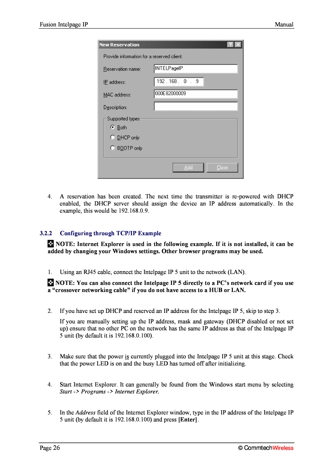 Fusion 2.1, INTELPage IP 5 manual 3.2.2Configuring through TCP/IP Example, CommtechWireless 