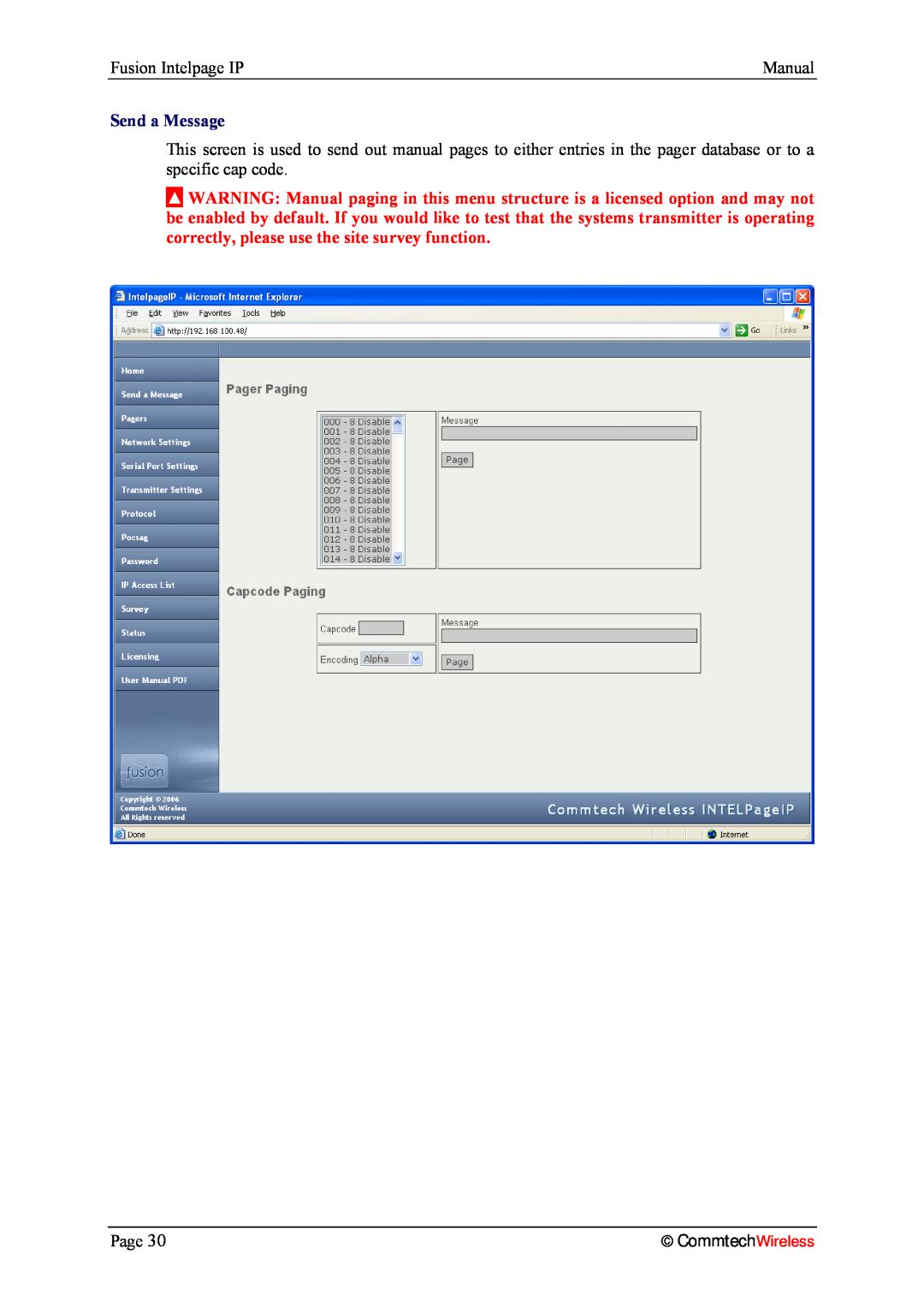 Fusion 2.1, INTELPage IP 5 manual Send a Message, Fusion Intelpage IP, Manual, CommtechWireless 