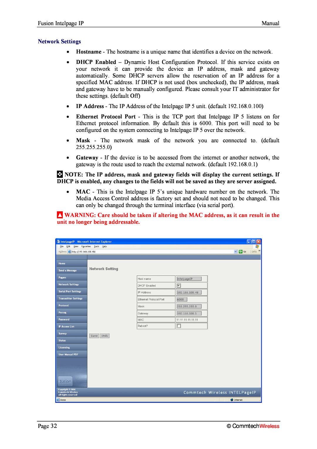 Fusion 2.1, INTELPage IP 5 manual Fusion Intelpage IP, Network Settings, CommtechWireless 