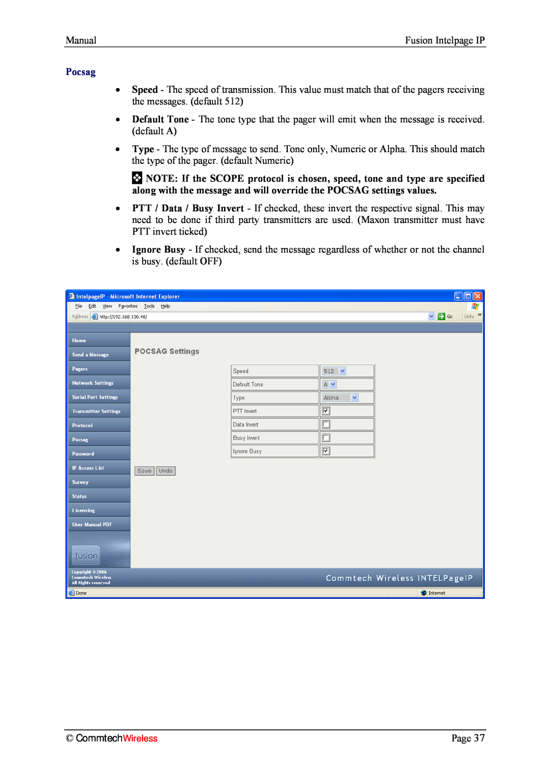 Fusion INTELPage IP 5, 2.1 manual Pocsag, CommtechWireless 
