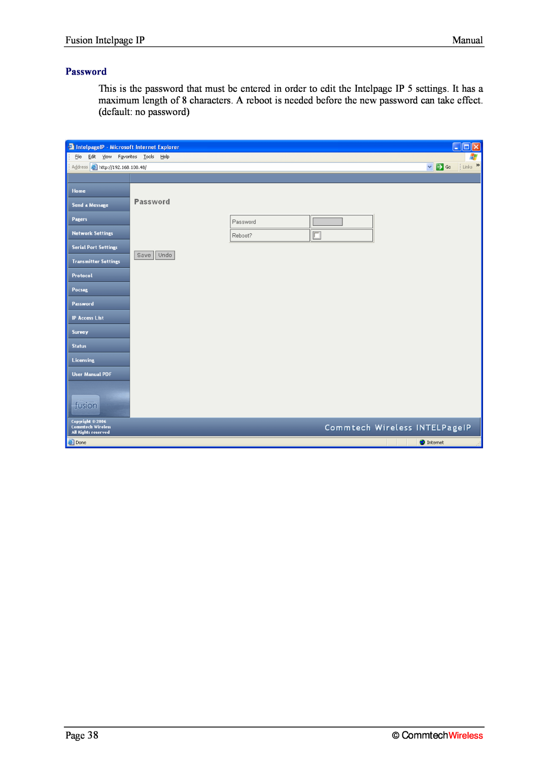 Fusion 2.1, INTELPage IP 5 manual Fusion Intelpage IP, Manual, Password, CommtechWireless 