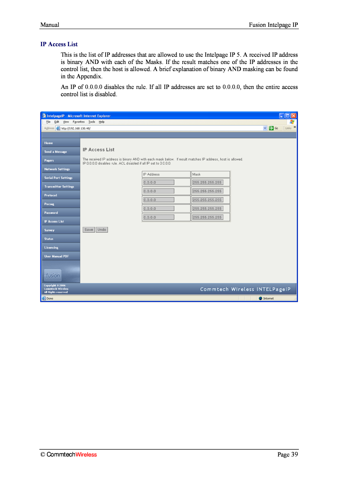 Fusion INTELPage IP 5, 2.1 manual CommtechWireless, Manual, IP Access List 