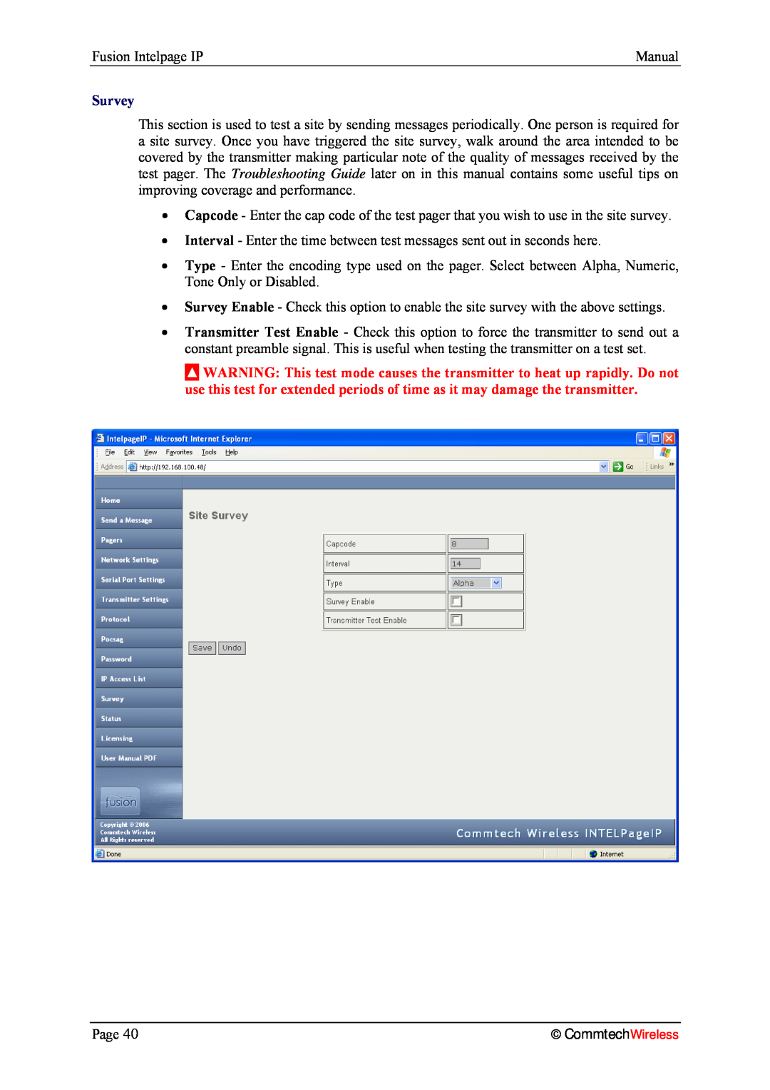 Fusion 2.1, INTELPage IP 5 manual Survey, CommtechWireless 