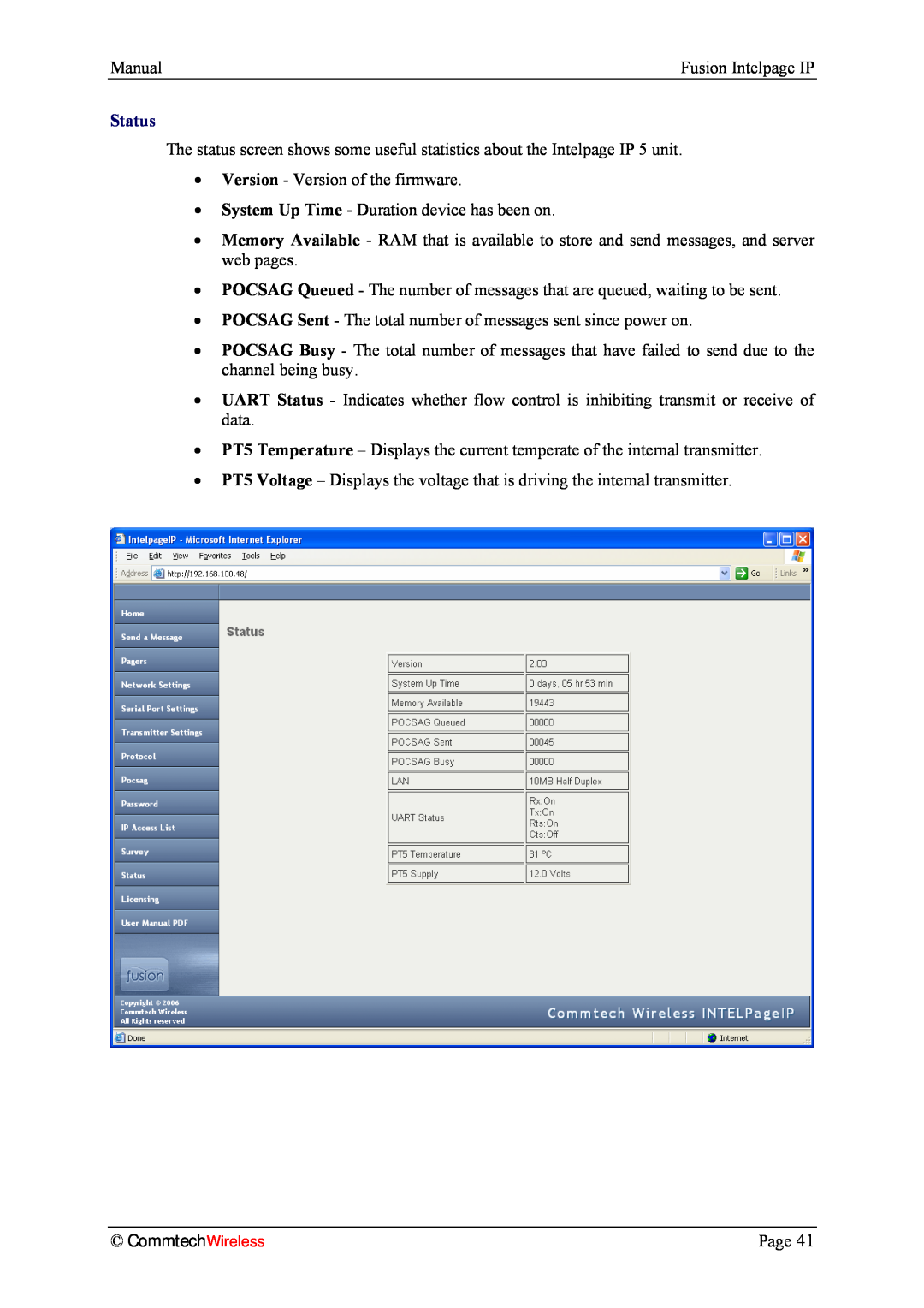 Fusion INTELPage IP 5, 2.1 manual CommtechWireless, Manual, Status 