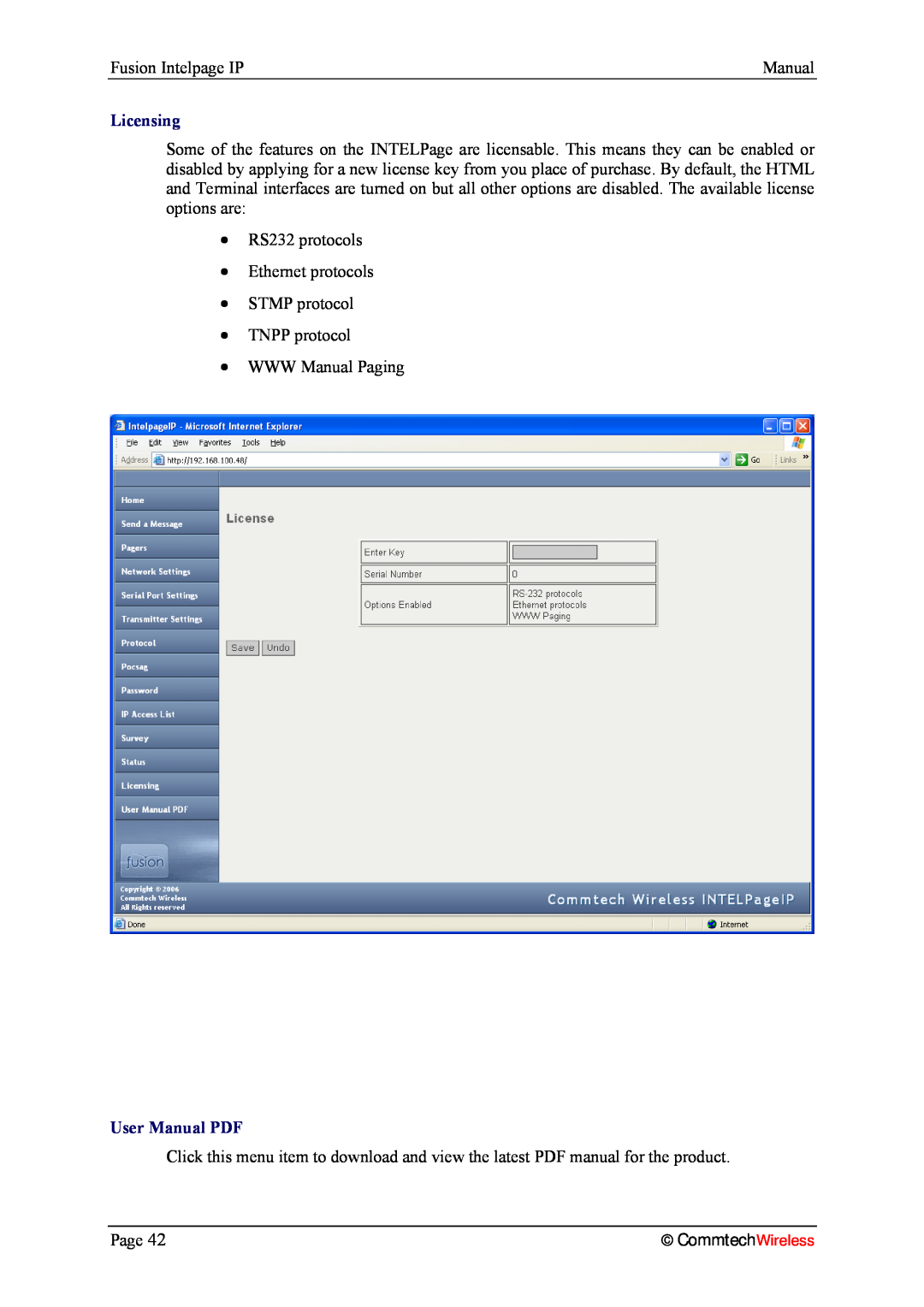 Fusion 2.1, INTELPage IP 5 manual Licensing, CommtechWireless 