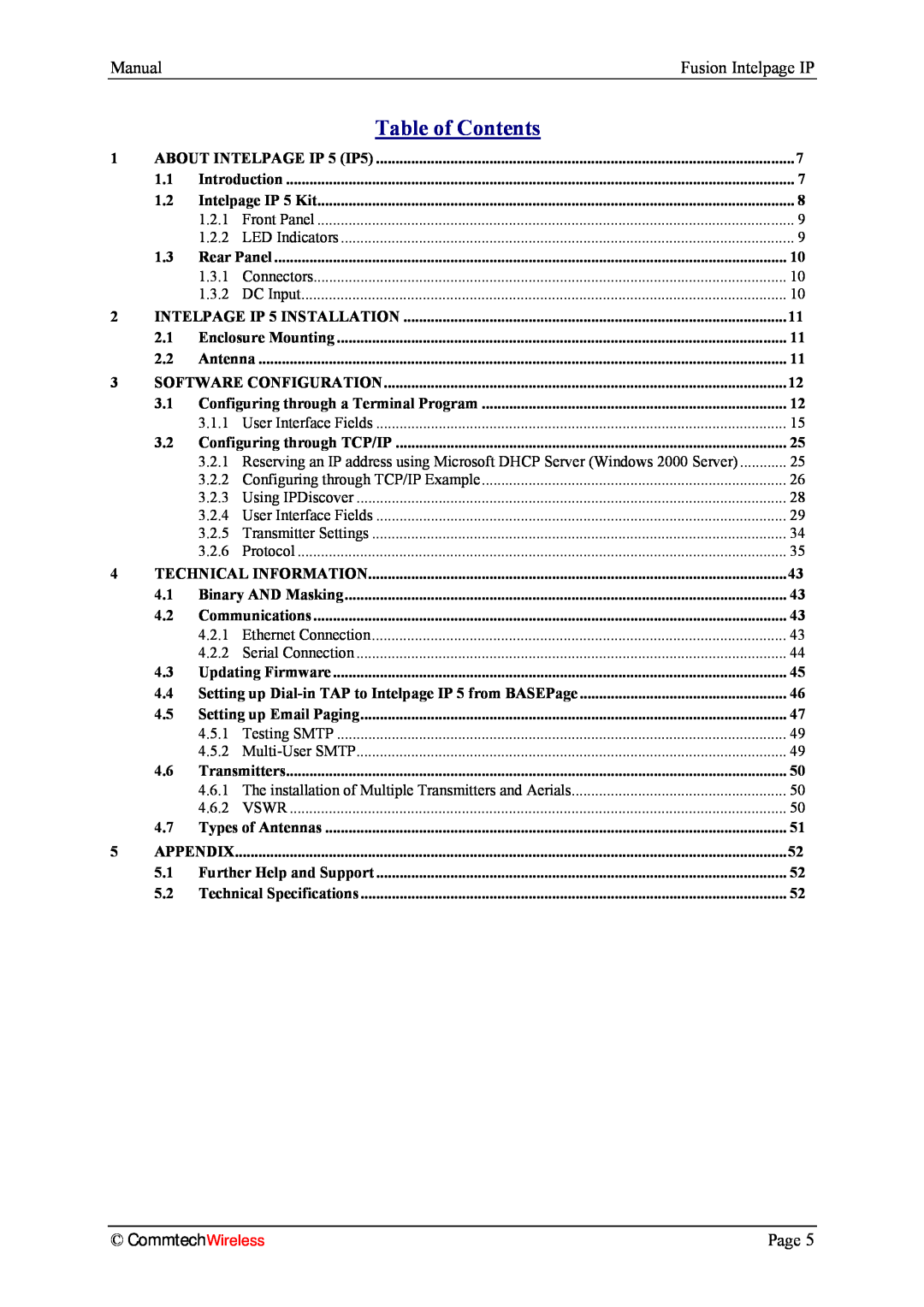Fusion INTELPage IP 5, 2.1 manual Table of Contents, CommtechWireless 