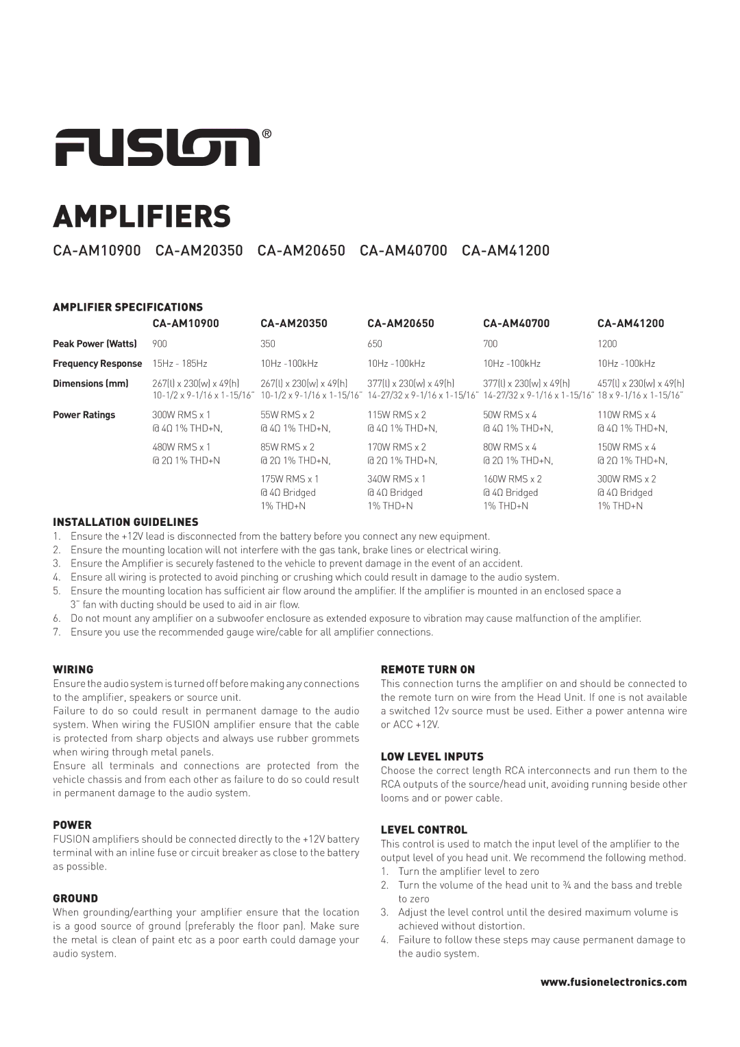 Fusion CA-AM20650 specifications Amplifier Specifications, Installation Guidelines, Wiring, Remote Turn on, Power, Ground 