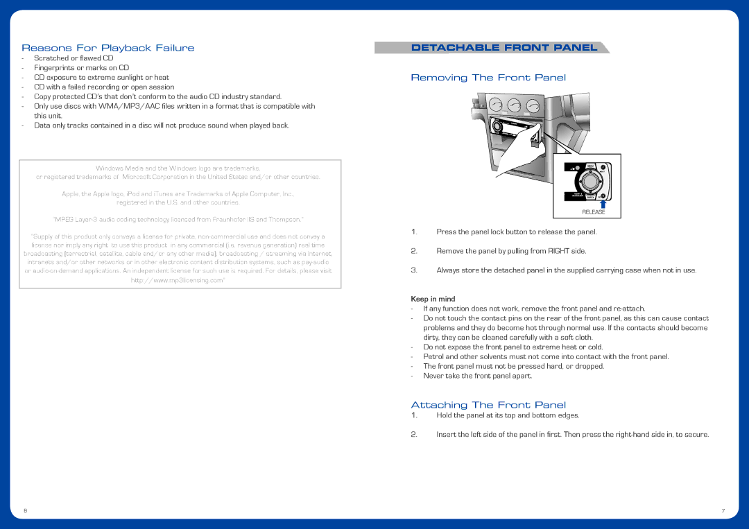 Fusion CA-CD500 Reasons For Playback Failure, Detachable Front Panel, Removing The Front Panel, Attaching The Front Panel 