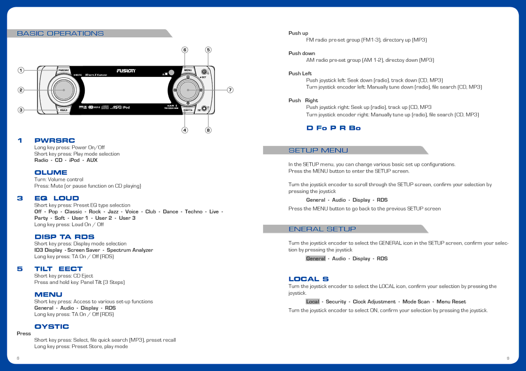 Fusion CA-CD500 operation manual Basic Operations, Setup Menu, General Setup 