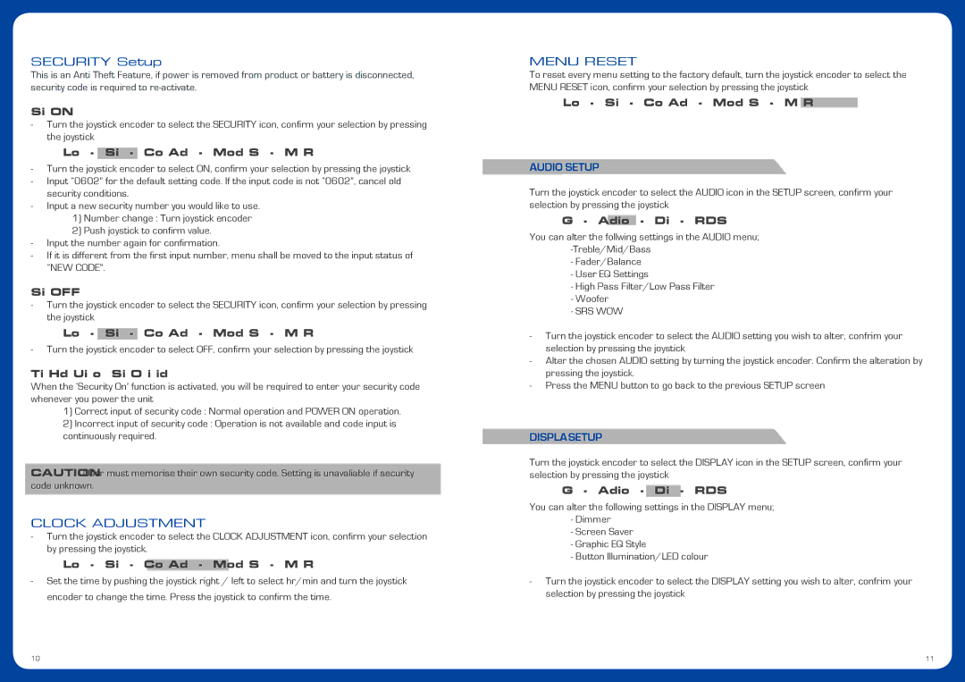 Fusion CA-CD500 operation manual Security Setup, Audio Setup, Display Setup 