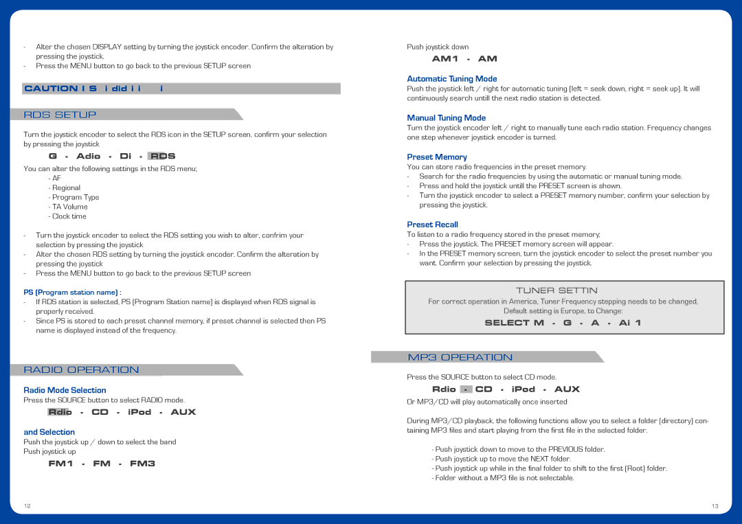 Fusion CA-CD500 operation manual RDS Setup, Radio Operation, MP3 Operation 