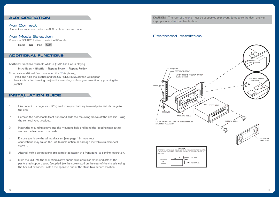 Fusion CA-CD500 operation manual AUX Operation, Aux Connect, Aux Mode Selection, Installation Guide, Dashboard Installation 