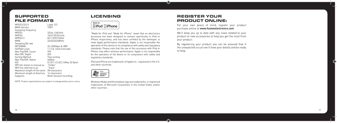 Fusion CA-ML600 instruction manual Supported File Formats, Licensing, Register Your Product Online 