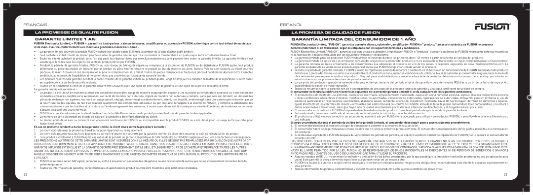 Fusion CA-ML600 instruction manual LA Promesse DE Qualite Fusion, Garantie Limitee 1 AN, LA Promesa DE Calidad DE Fusion 