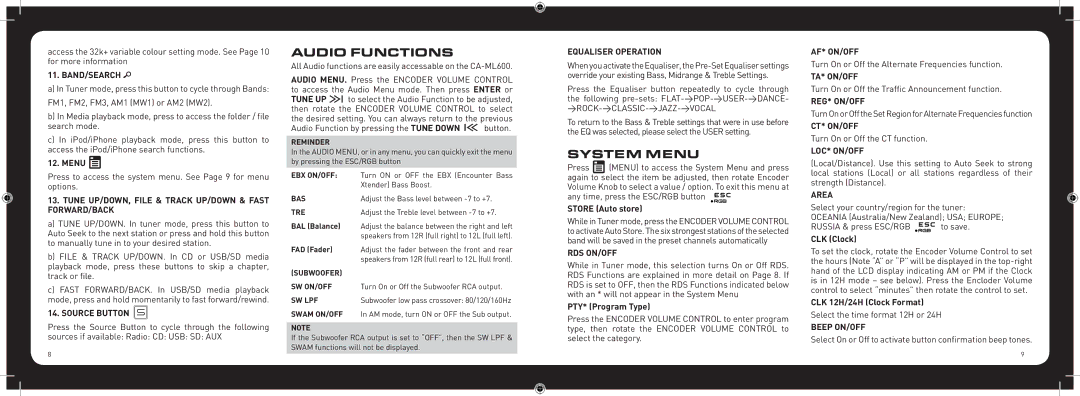 Fusion CA-ML600 instruction manual Audio Functions, System Menu 