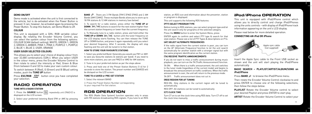 Fusion CA-ML600 instruction manual Radio Operation, RDS Operation, Demo ON/OFF, COL0UR, User User Selected Colour 