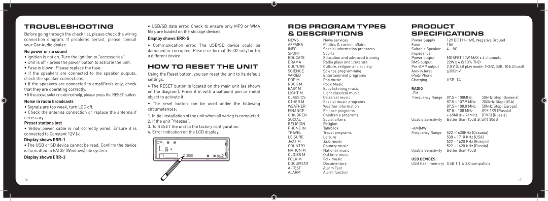 Fusion CA-ML600 Troubleshooting, HOW to Reset the Unit, RDS Program Types Product Descriptions Specifications 