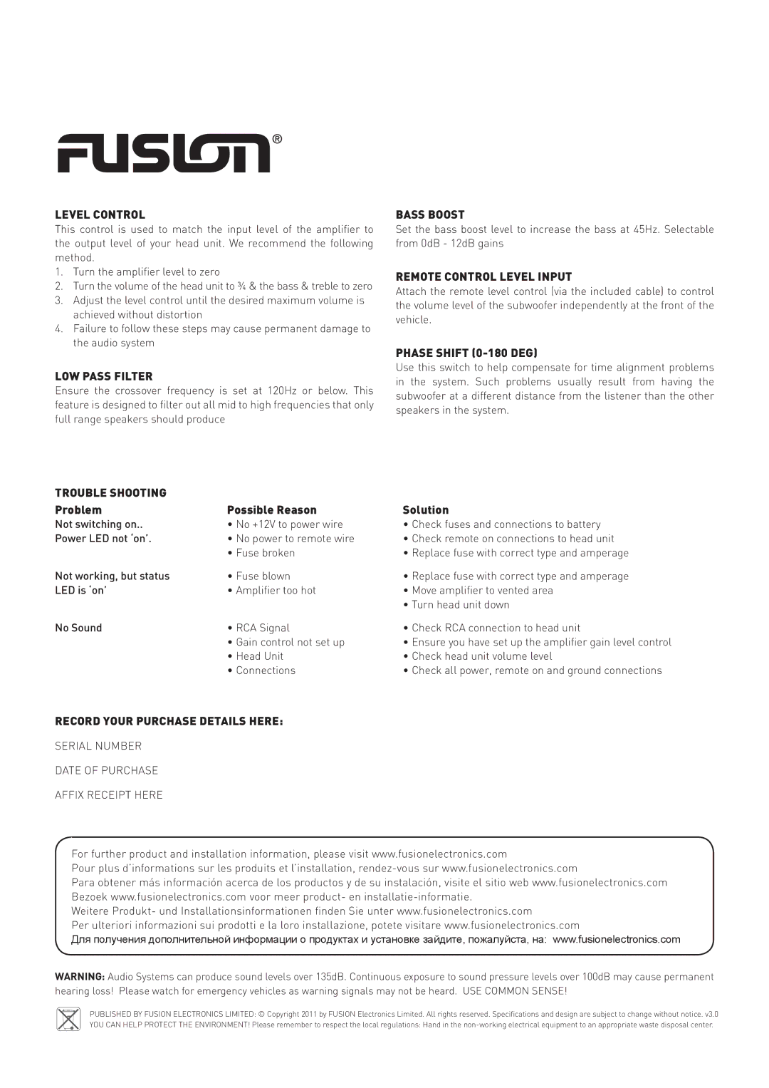 Fusion CP-AS1080 Level Control, LOW Pass Filter, Trouble Shooting, Record Your Purchase Details Here, Bass Boost 