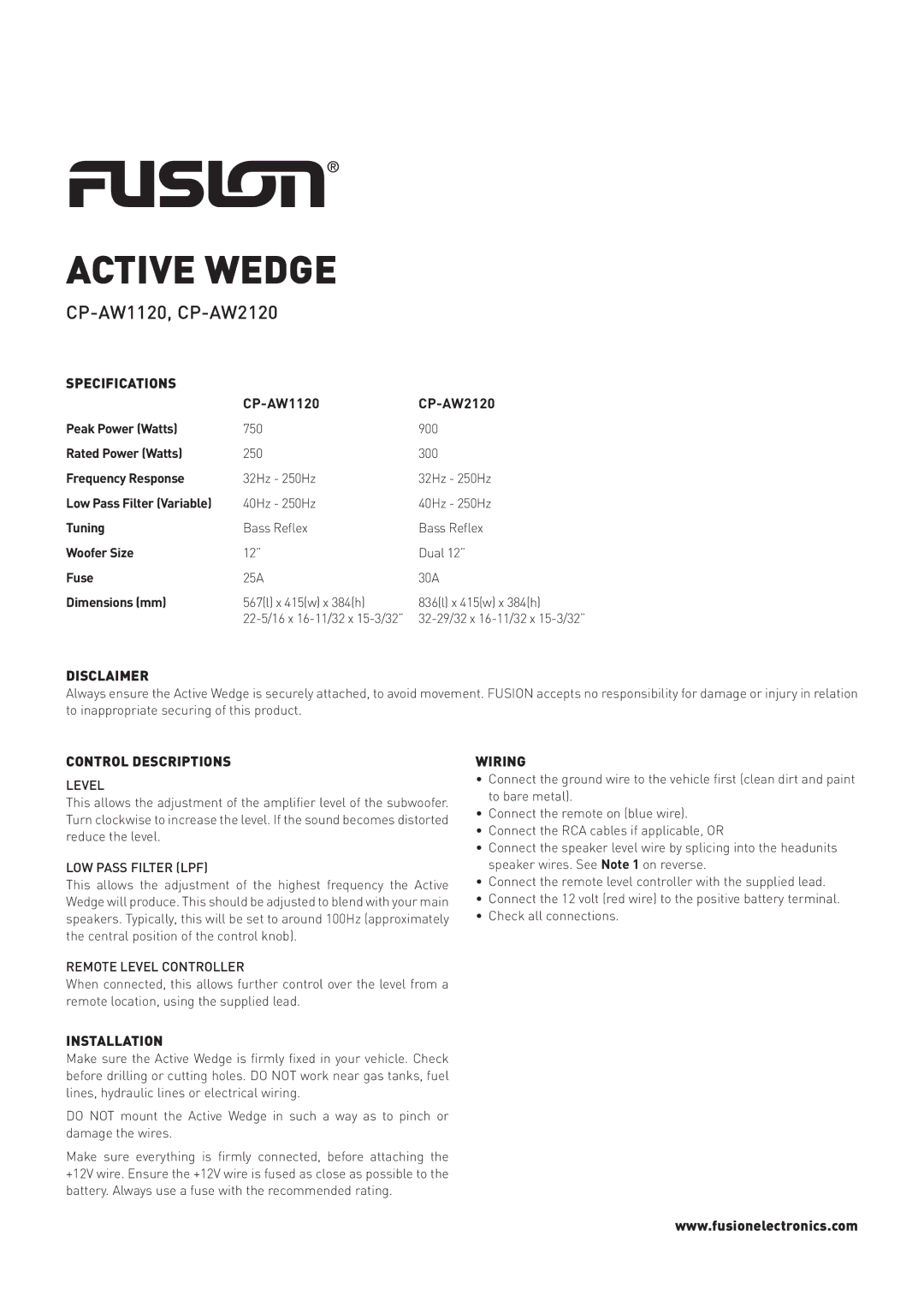 Fusion CP-AW2120, CP-AW1120 specifications Specifications, Disclaimer, Control Descriptions, Installation, Wiring 
