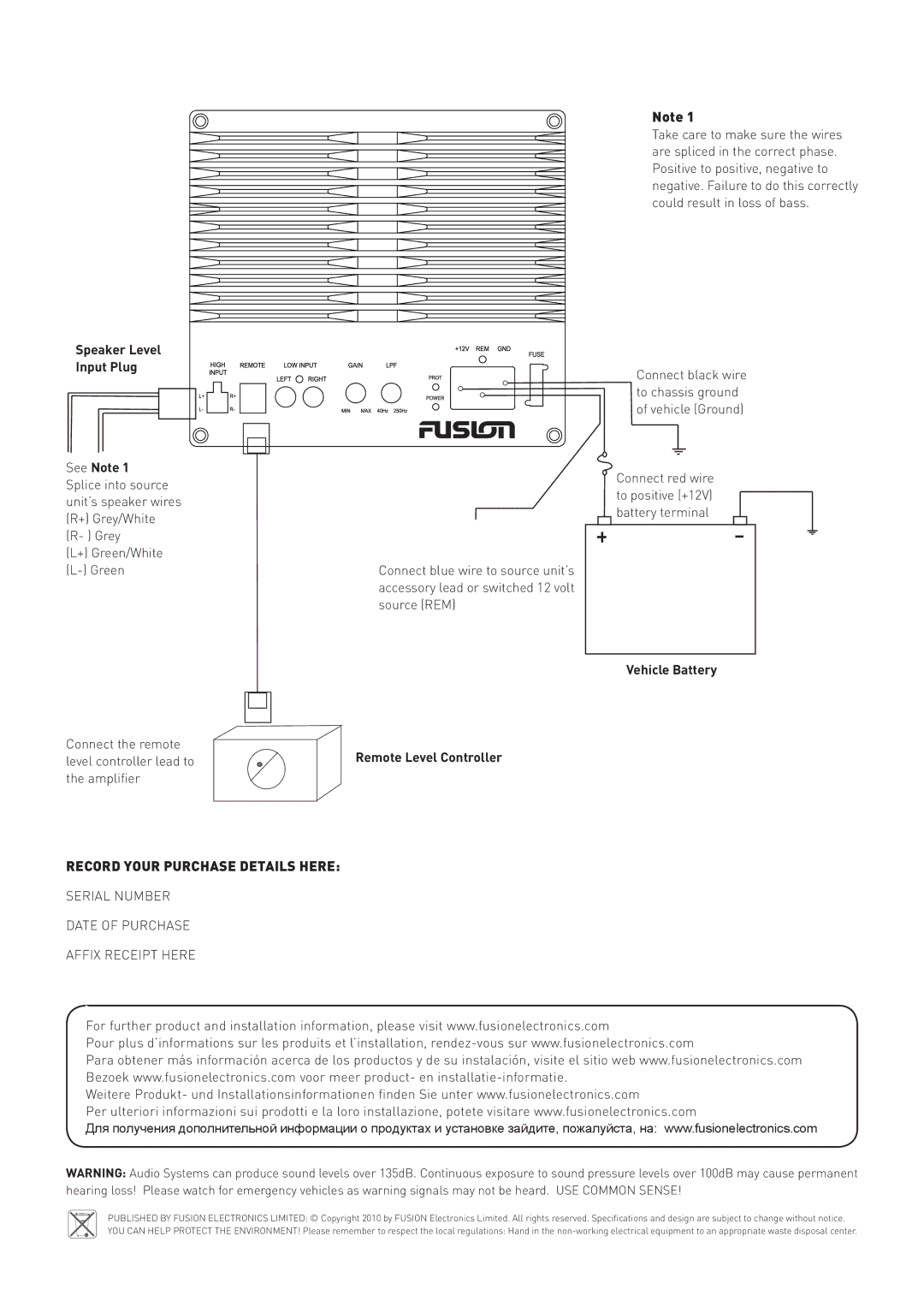 Fusion CP-AW1120, CP-AW2120 Record Your Purchase Details Here, Speaker Level Input Plug, Remote Level Controller 