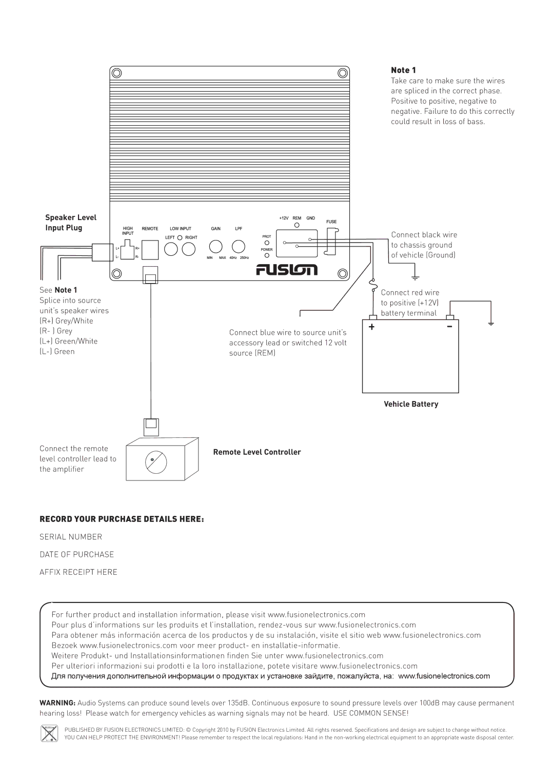 Fusion CS-AT1100 specifications Record Your Purchase Details Here, Serial Number Date of Purchase Affix Receipt Here 