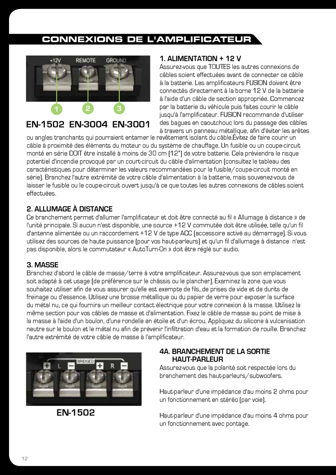 Fusion EN-3004, En-1502, EN-3001 manual Connexions DE Lamplificateur, Alimentation + 12, Allumage À Distance, Masse 