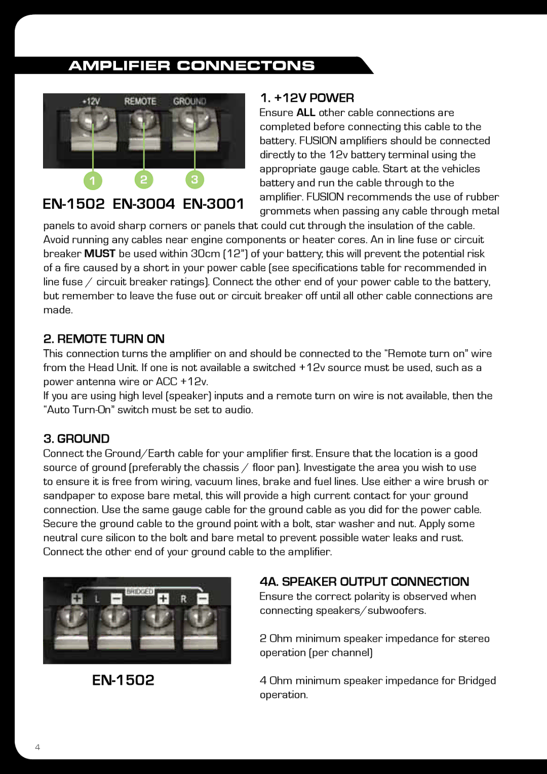 Fusion En-1502, EN-3004, EN-3001 manual Amplifier Connectons, Remote Turn on, Ground 