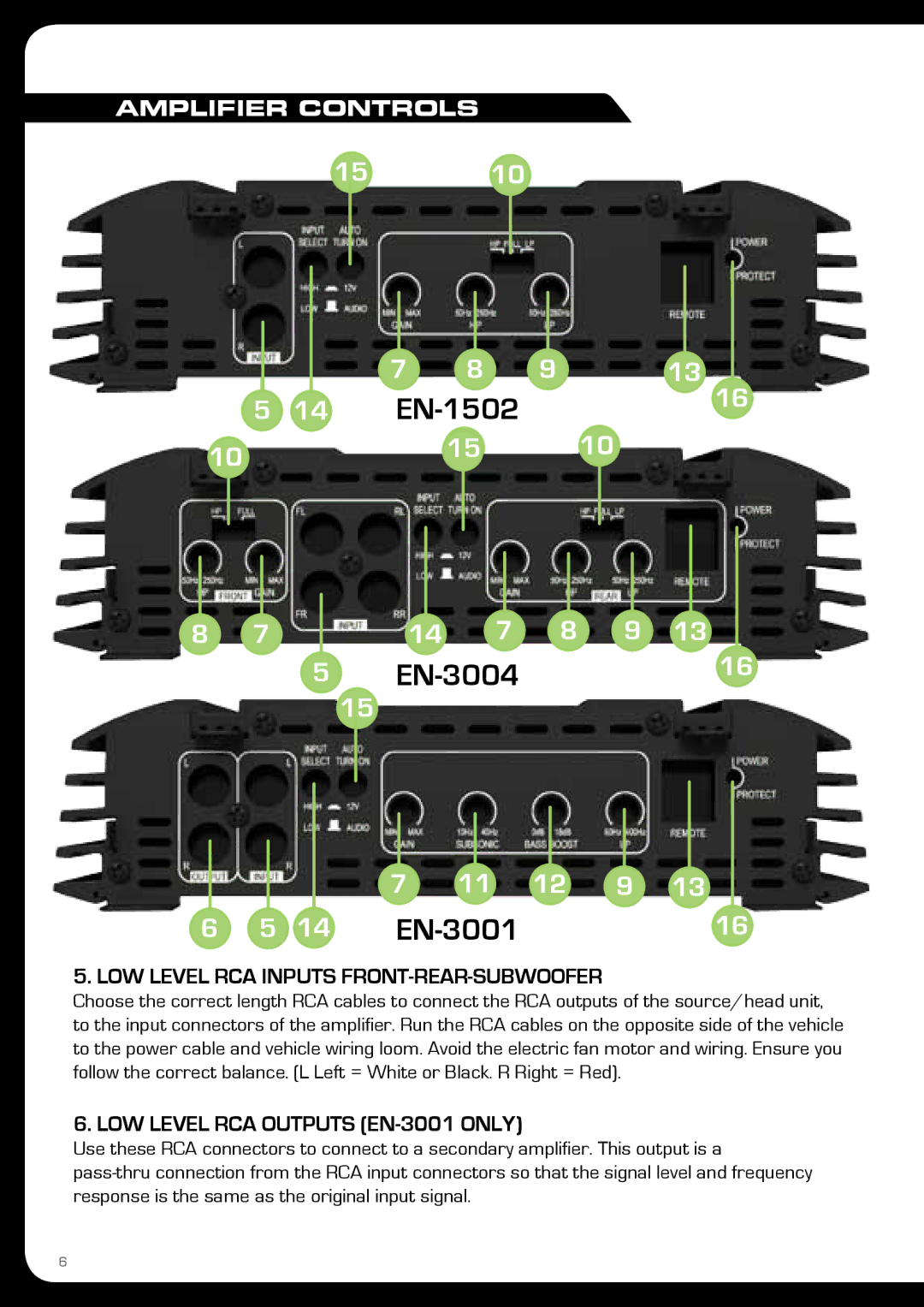 Fusion EN-3004, En-1502 Amplifier Controls, LOW Level RCA Inputs FRONT-REAR-SUBWOOFER, LOW Level RCA Outputs EN-3001 only 