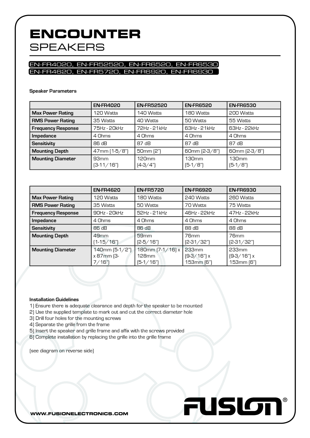 Fusion EN-FR6520, EN-FR6530 EN-FR4620, EN-FR6920, EN-FR4020, EN-FR6930, EN-FR5720, EN-FR52520 manual Encounter, Speakers 