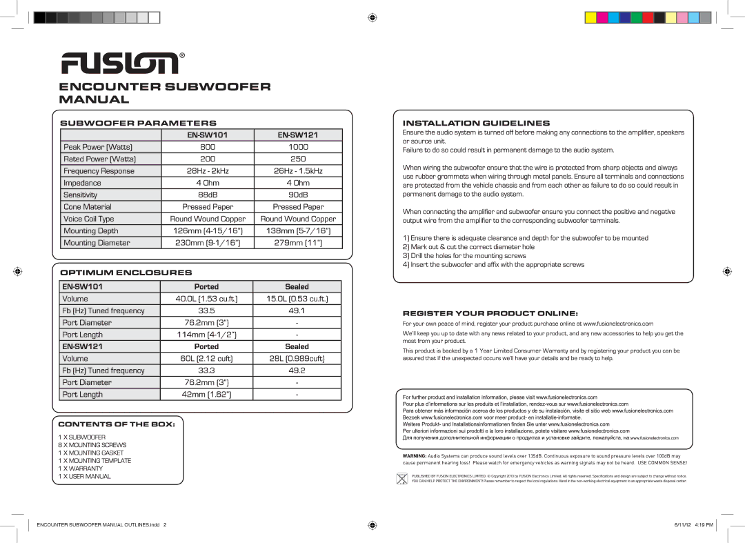 Fusion EN-SW121 manual EN-SW101 Ported Sealed 