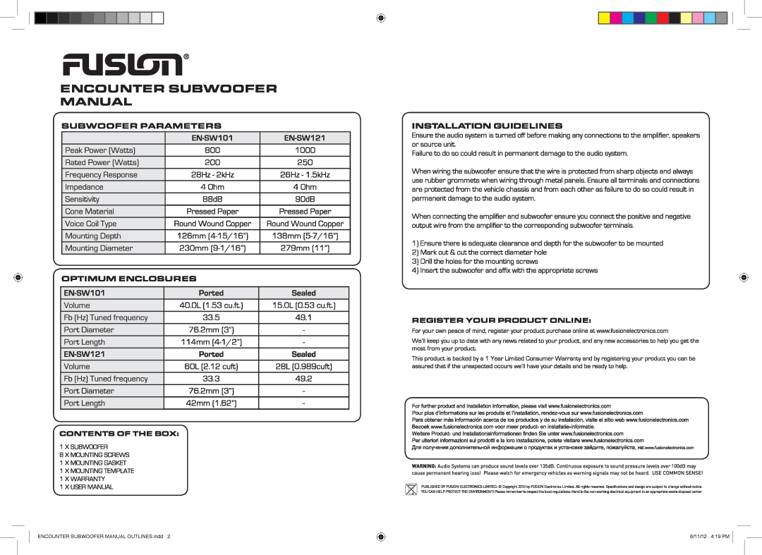 Fusion EN-SW101 manual Ported, Sealed, EN-SW121 