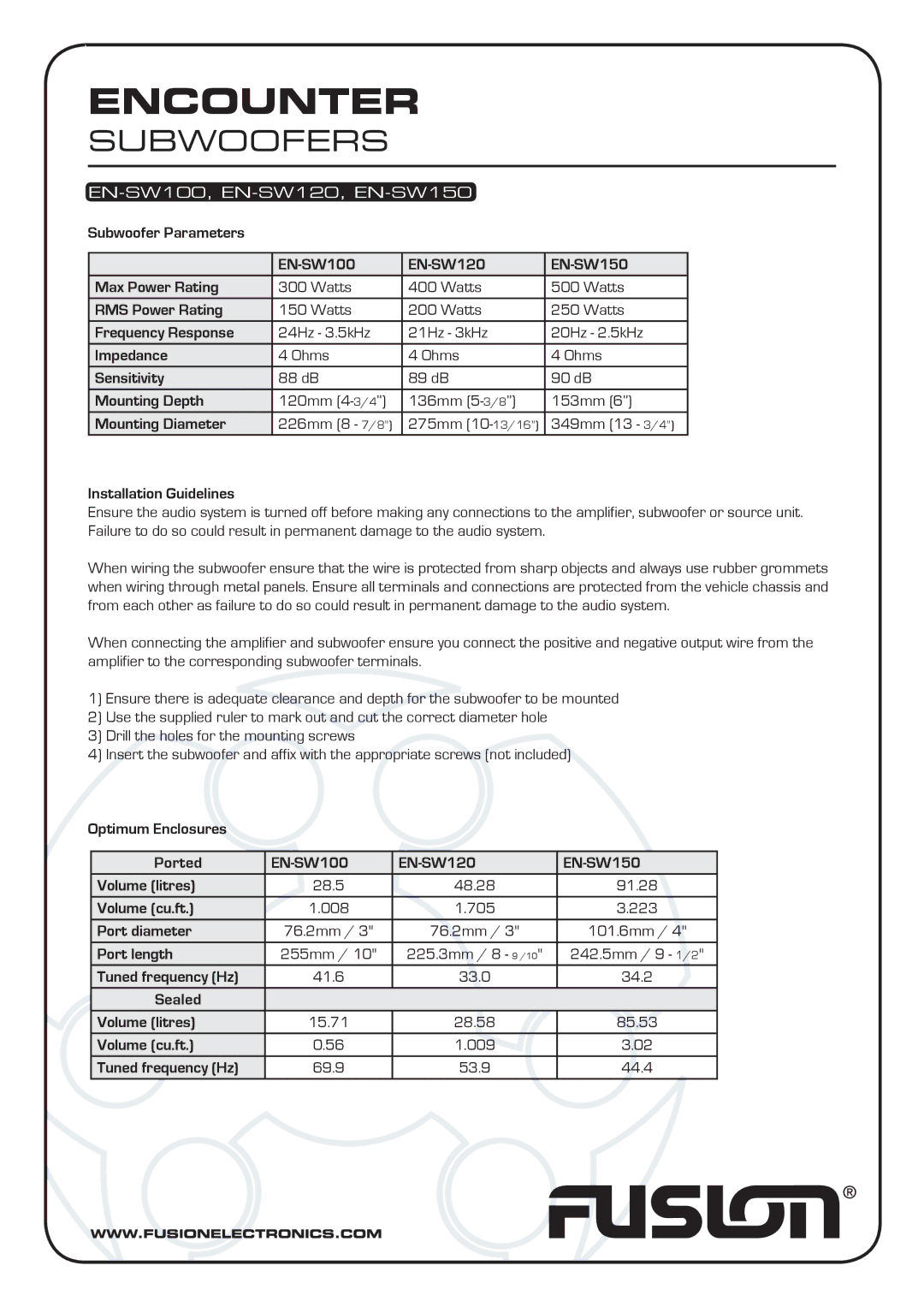 Fusion manual Encounter, Subwoofers, EN-SW100, EN-SW120, EN-SW150 