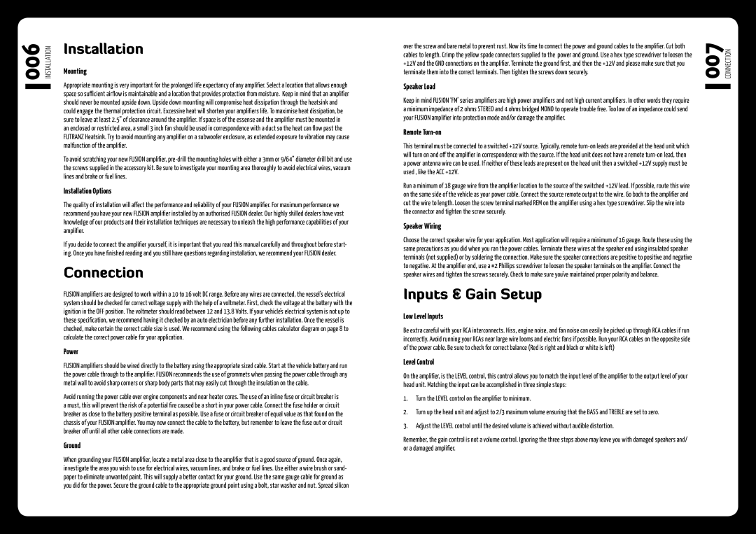 Fusion FM-402 installation manual Installation, Connection, Inputs & Gain Setup 