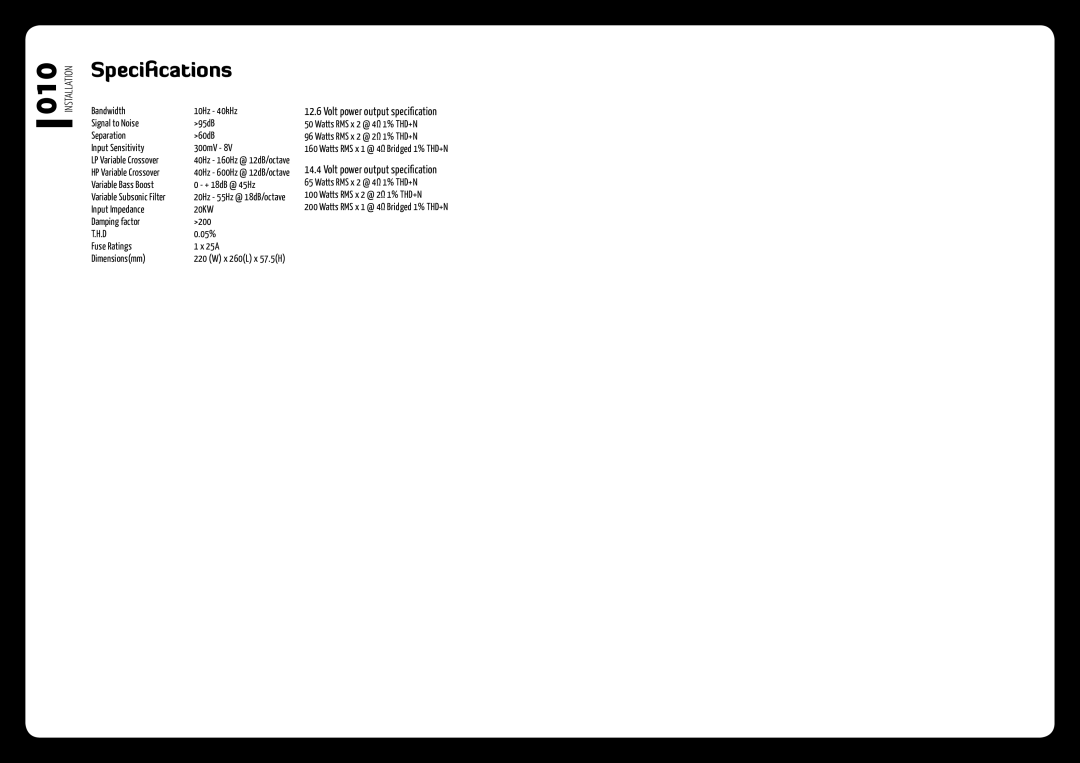 Fusion FM-402 installation manual Specifications, + 18dB @ 45Hz 