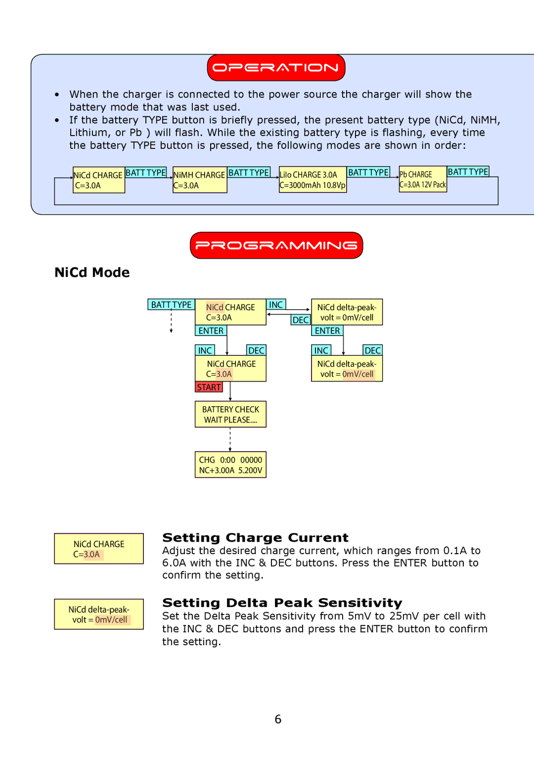 Fusion L50B PRO Operation, Programming, NiCd Mode, Setting Charge Current, Setting Delta Peak Sensitivity 