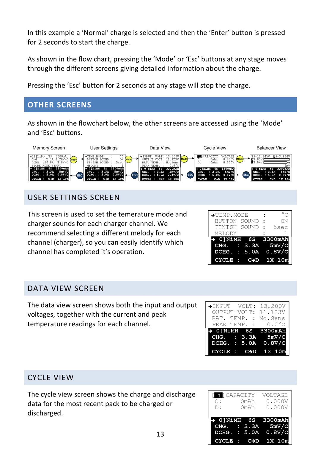 Fusion L702B operating instructions Other Screens, User Settings Screen, Data View Screen, Cycle View 