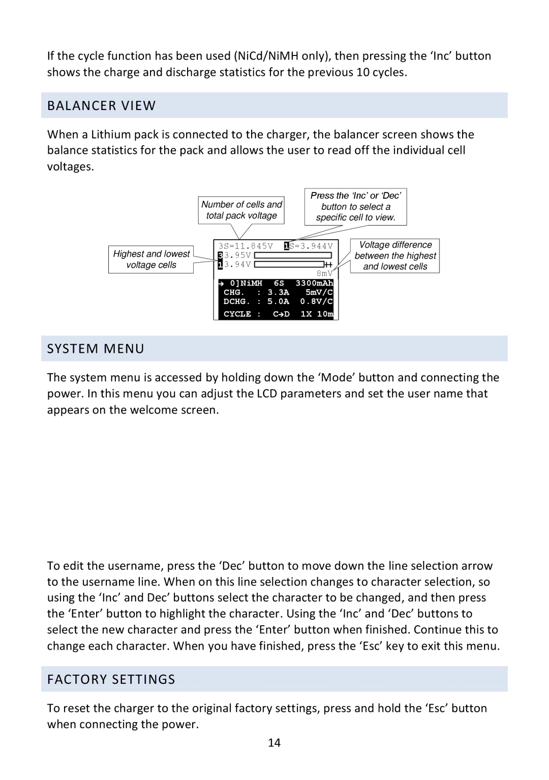 Fusion L702B operating instructions Balancer View, System Menu, Factory Settings 