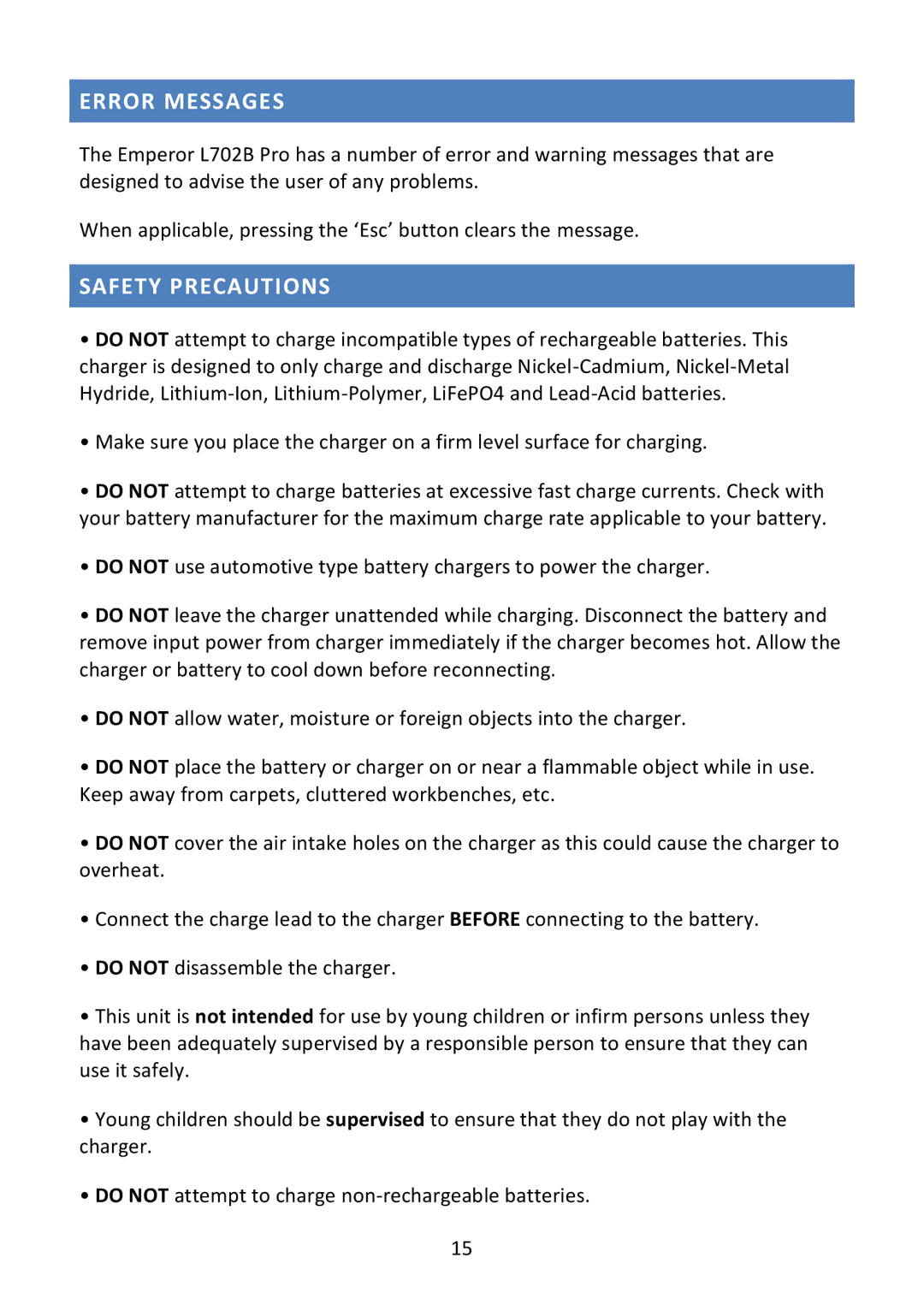 Fusion L702B operating instructions Error Messages, Safety Precautions 