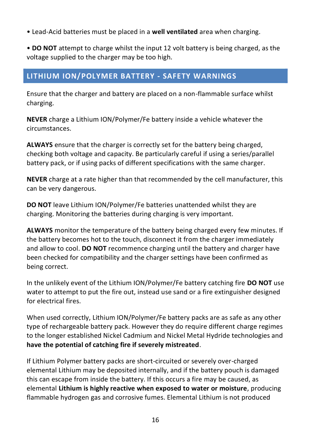 Fusion L702B operating instructions Lithium ION/POLYMER Battery Safety Warnings 