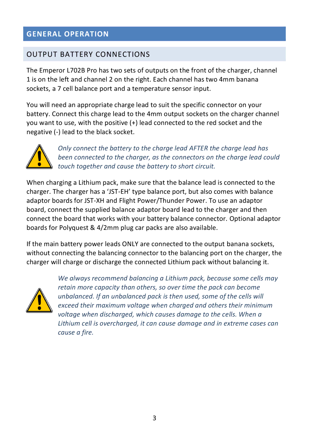 Fusion L702B operating instructions General Operation, Output Battery Connections 