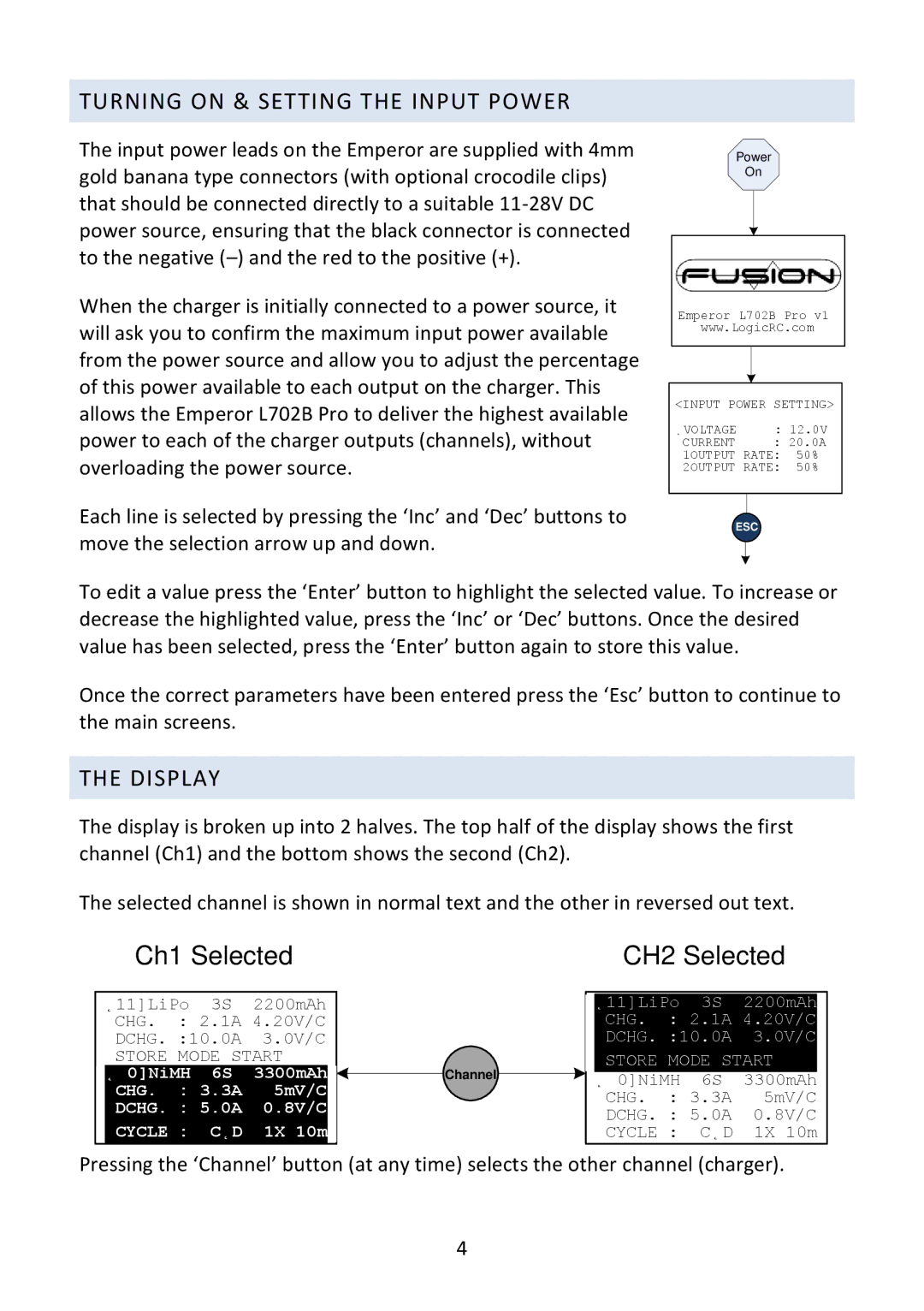 Fusion L702B operating instructions Turning on & Setting the Input Power, Display 