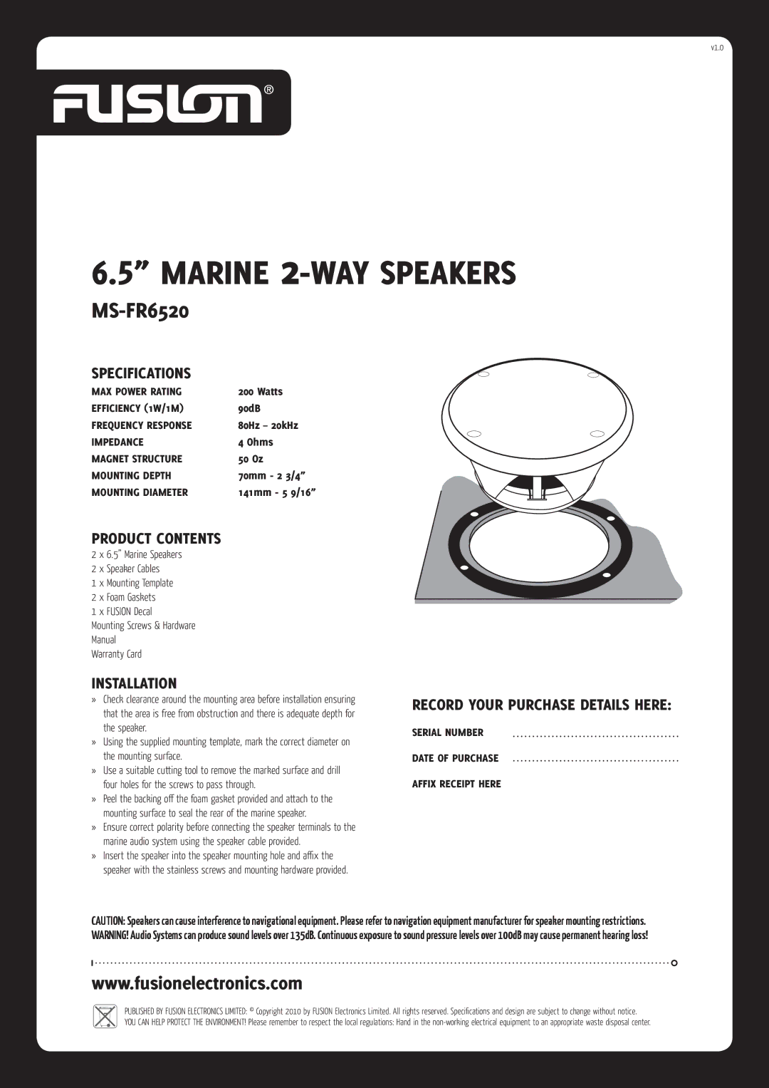 Fusion MR-FR6520 specifications Marine 2-WAY Speakers, MS-FR6520 