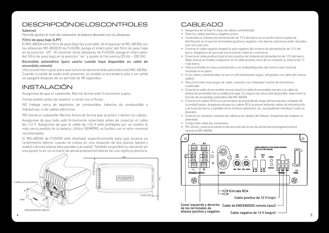 Fusion MS-AB206 manual Descripcióndeloscontroles, Instalación, Cableado 