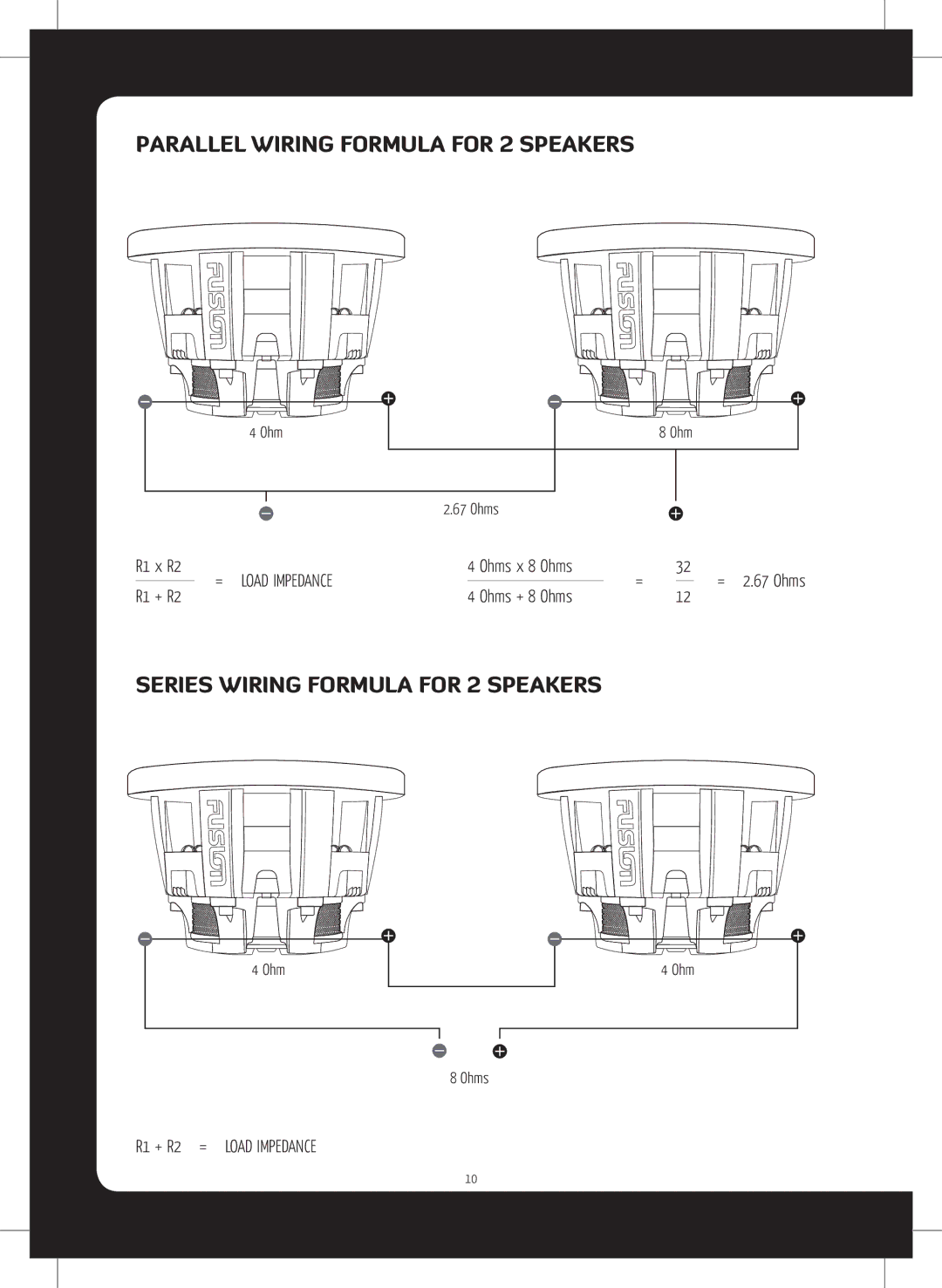 Fusion MS-DA51600 installation manual Parallel Wiring Formula for 2 Speakers, Series Wiring Formula for 2 Speakers 