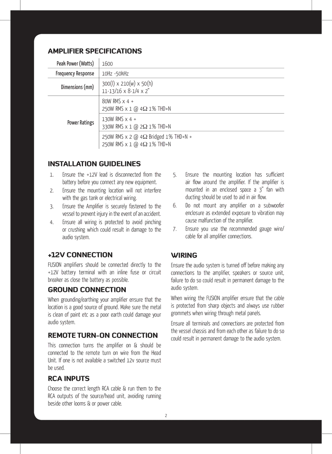 Fusion MS-DA51600 Amplifier Specifications, Installation Guidelines, +12V Connection, Ground Connection, RCA Inputs 