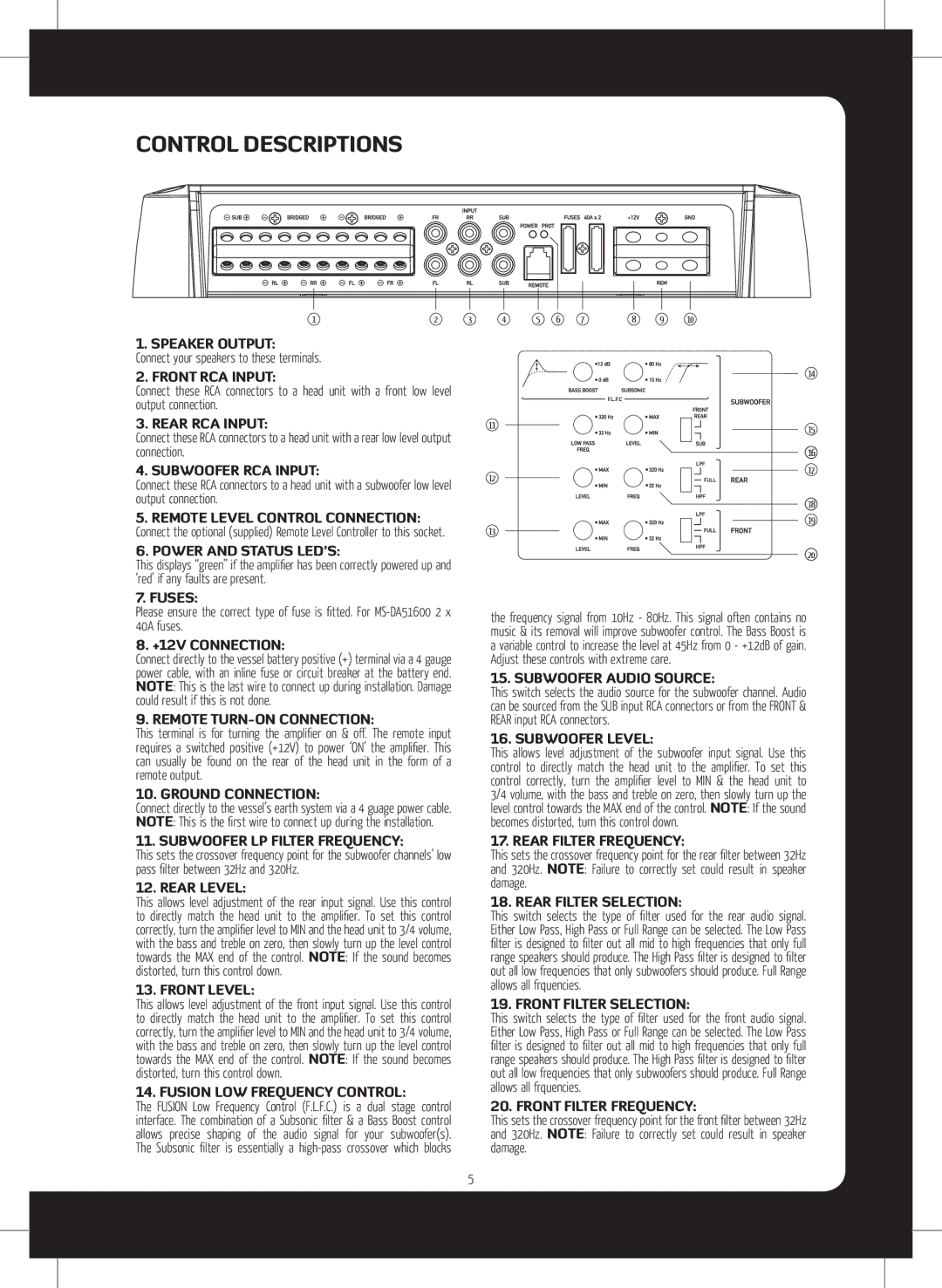 Fusion MS-DA51600 installation manual Control Descriptions, Subwoofer RCA Input 