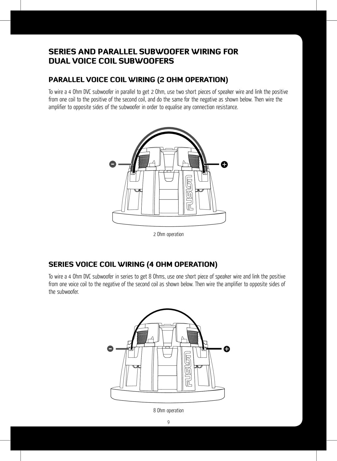 Fusion MS-DA51600 installation manual Parallel Voice Coil Wiring 2 OHM Operation, Series Voice Coil Wiring 4 OHM Operation 