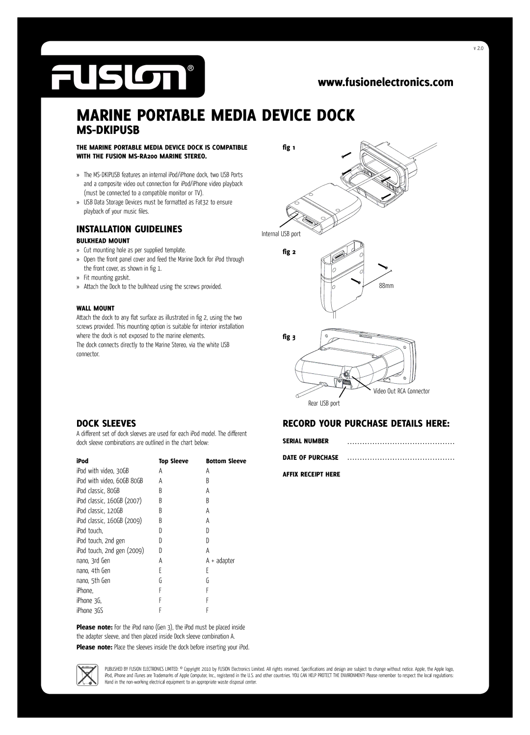 Fusion MS-DKIPUSB specifications Marine Portable Media Device Dock, Ms-Dkipusb, Installation Guidelines, Dock Sleeves 